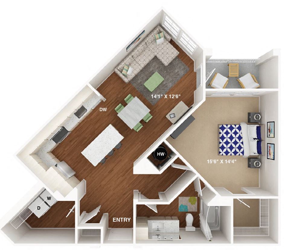 Floor plan for 1 bed, 1 bath, 836 sqft